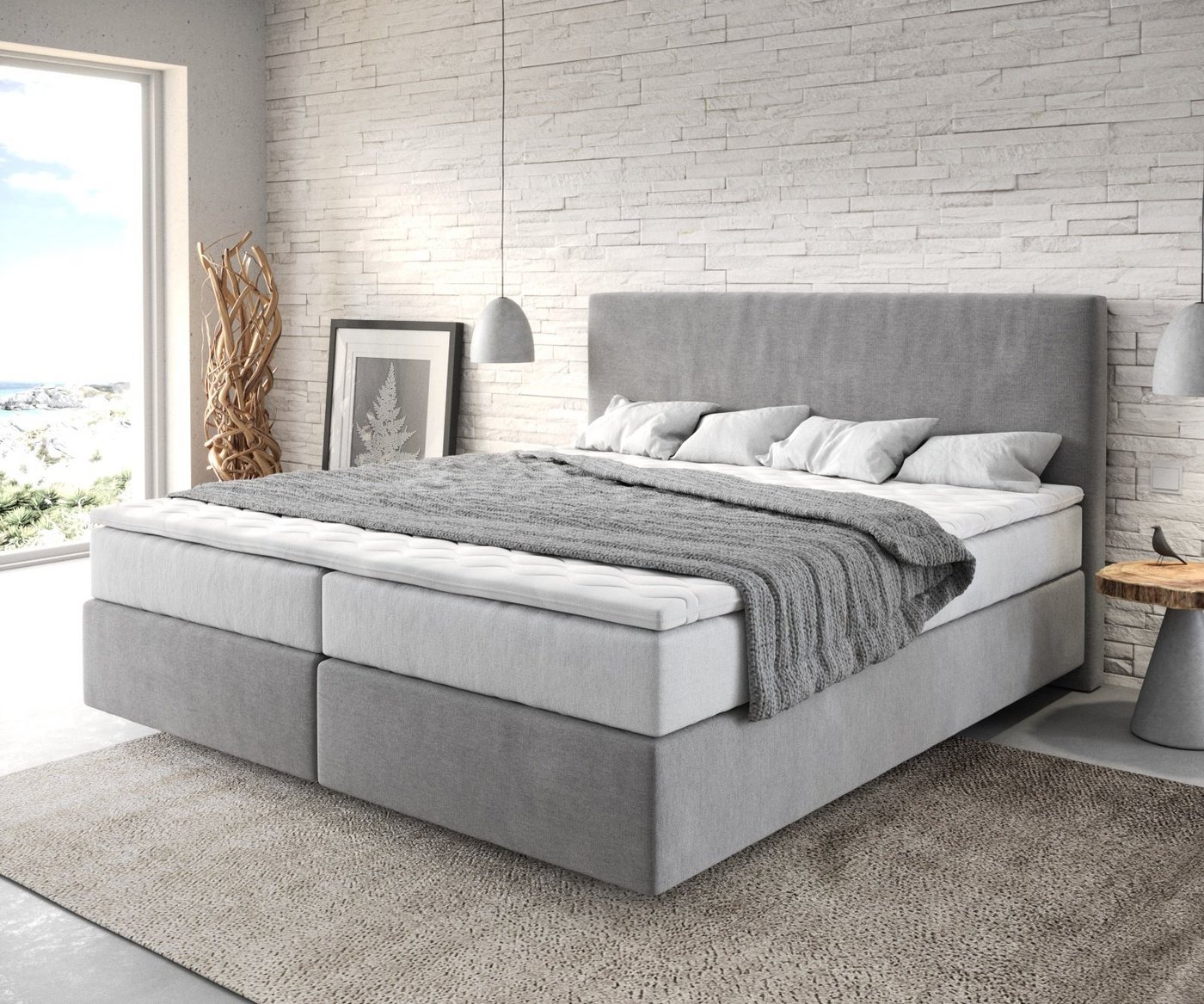 DELIFE Boxspringbett Dream-Well, Mikrofaser Grau 180x200 cm mit TFK Matratze und Visco Topper von DELIFE