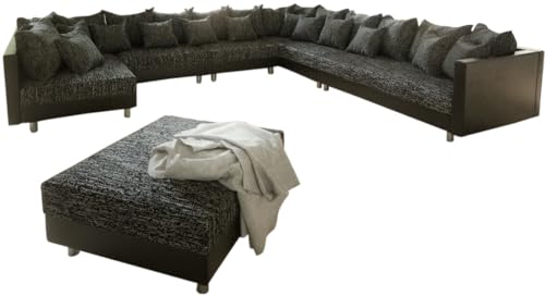 DELIFE Couch Clovis XXL Schwarz mit Hocker Ottomane Rechts Wohnlandschaft Modulsofa von DELIFE