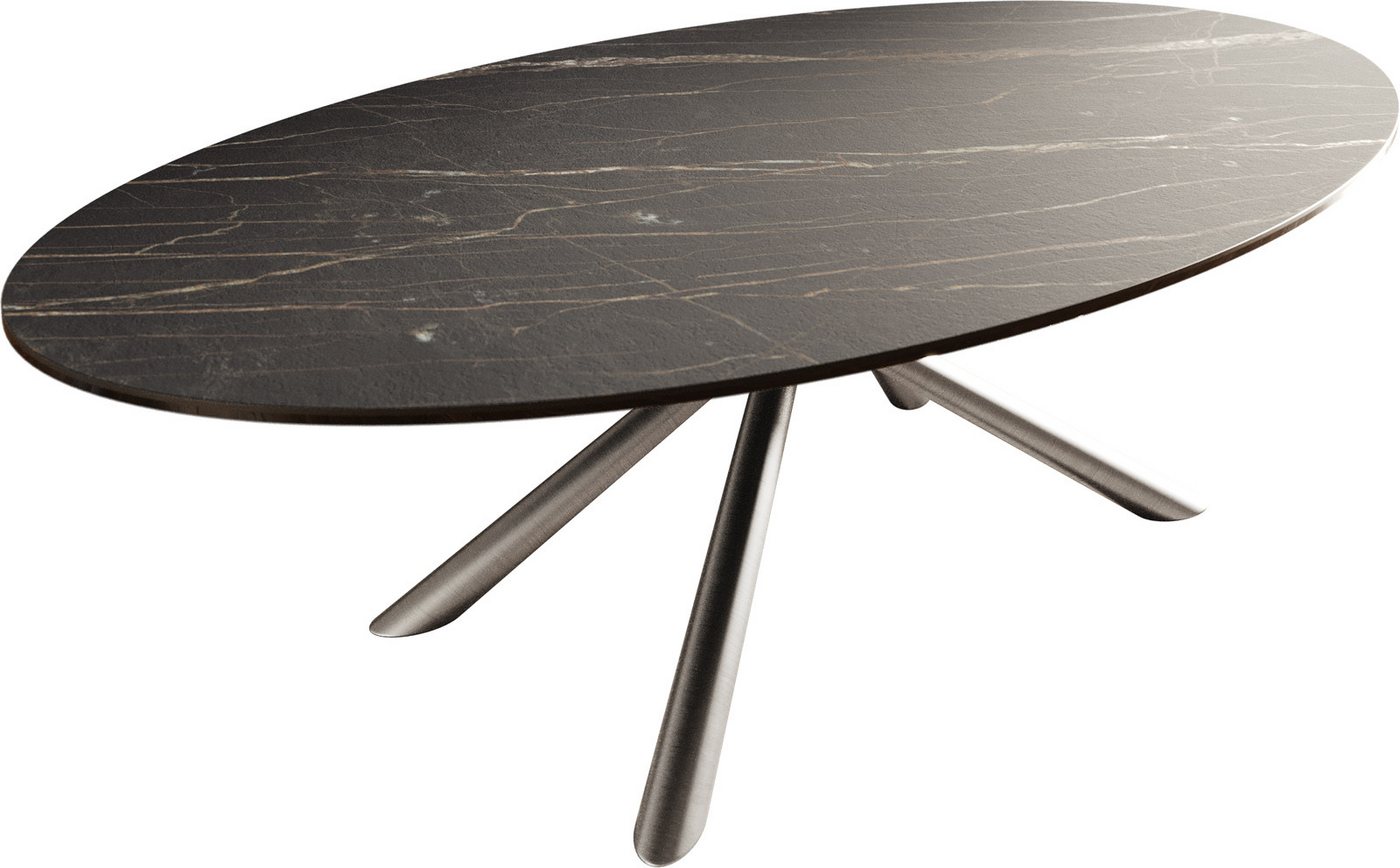 DELIFE Couchtisch Edge, Oval 140x80 cm Keramik Laminam® Noir Desir Braun Sarity Edelstahl gebü von DELIFE