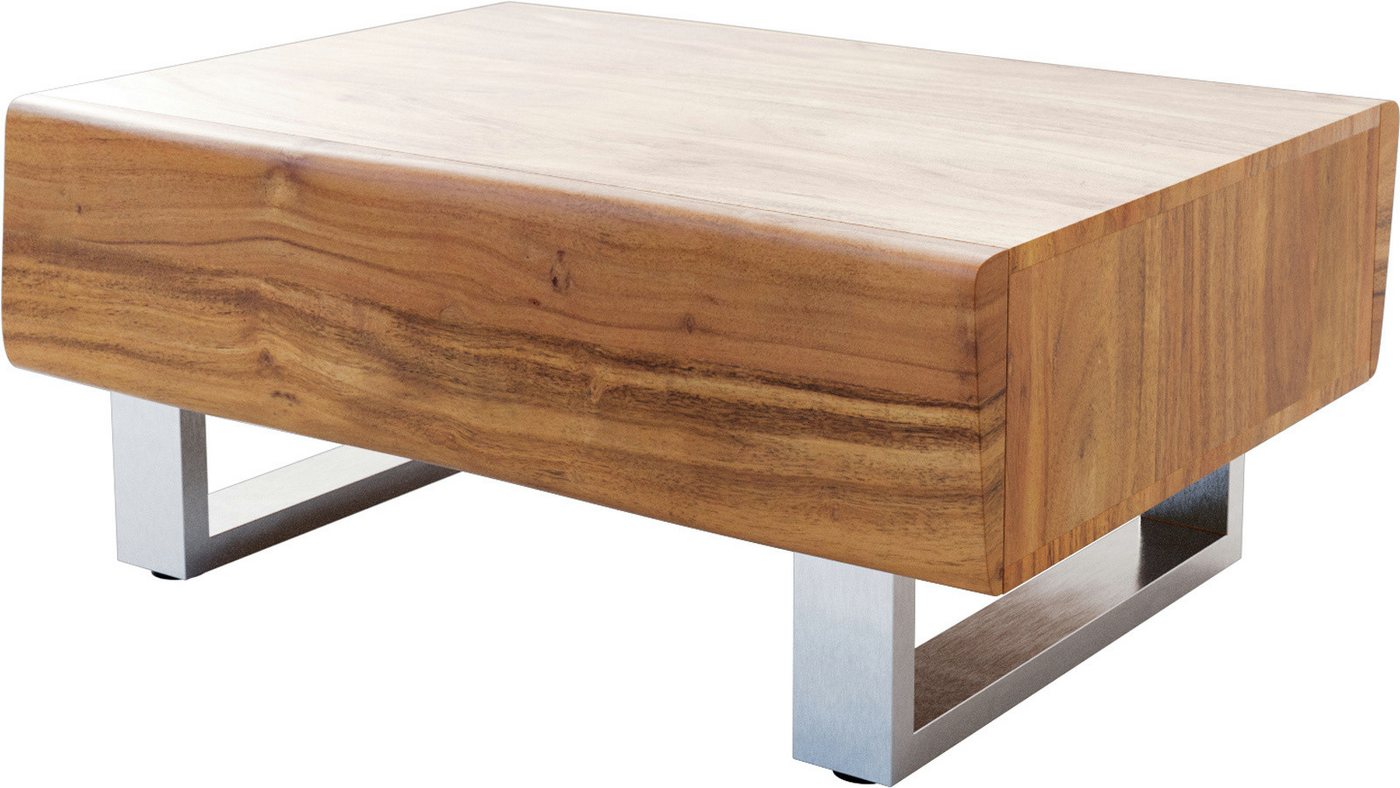 DELIFE Couchtisch New, Live-Edge Akazie Natur 80x60 cm 2 Schubladen Kufe Edelstahl gebürstet von DELIFE
