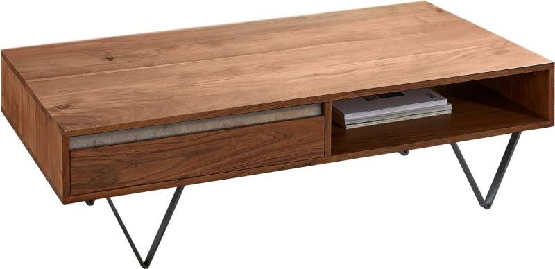 DELIFE Couchtisch Stonegrace, Akazie Braun Schiefer 115x60 cm 2 Schübe 1 Fach V-Fuß Schwarz von DELIFE