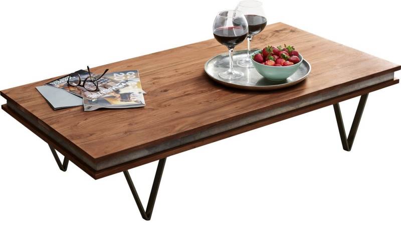 DELIFE Couchtisch Stonegrace, Akazie Braun Schiefer 117x60 cm V-Fuß Schwarz Couchtisch von DELIFE
