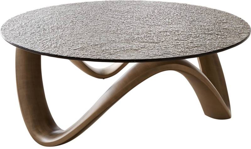 DELIFE Couchtisch Tanju, Metallic Gold 90x90 cm mit Reliefglas Taupe Couchtisch von DELIFE