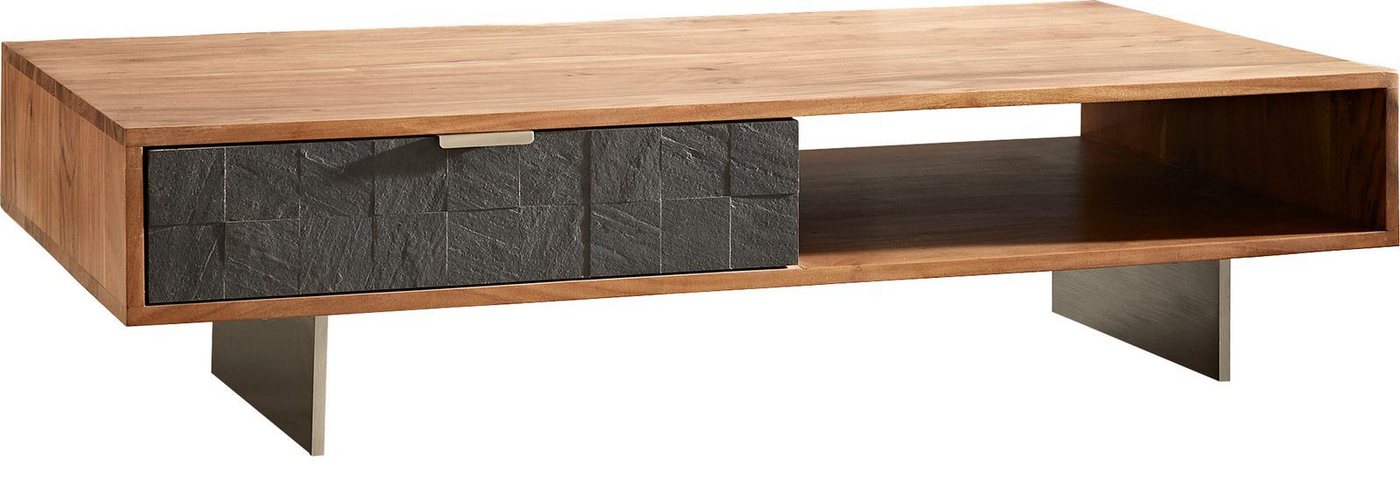 DELIFE Couchtisch Teele, Akazie Natur Schiefer 115x60 cm 2 Schubfächer Couchtisch Fuß schwebend von DELIFE