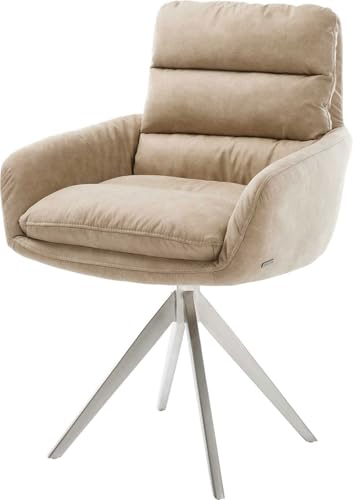 Polsterstuhl Abelia-Flex mit Armlehnen Kreuzgestell kantig Edelstahl Mikrofaser Beige Vintage von DELIFE