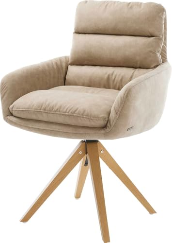 Polsterstuhl Abelia-Flex mit Armlehnen Holzgestell kantig Natur Mikrofaser Beige Vintage von DELIFE