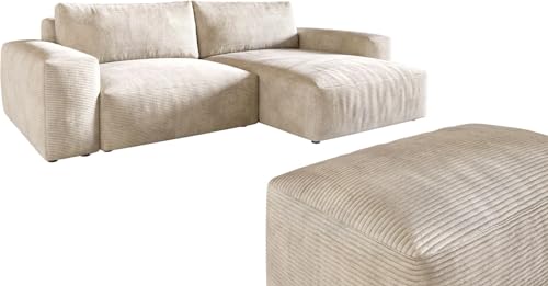 DELIFE Eckcouch Lanzo XL Cord Beige 270x180 cm Recamiere variabel mit Hocker von DELIFE