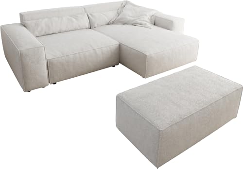 DELIFE Eckcouch Sirpio XL Bouclé Creme-Weiß 270x170 cm Recamiere variabel mit Hocker von DELIFE