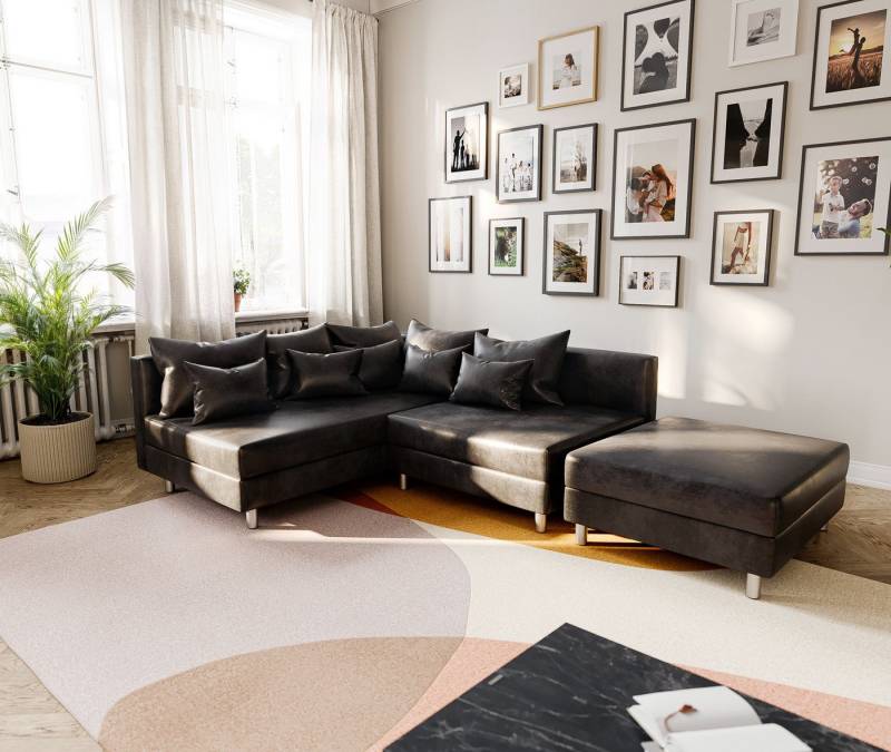 DELIFE Ecksofa Clovis, Anthrazit Antik Optik mit Hocker Ottomane Links Ecksofa modular von DELIFE