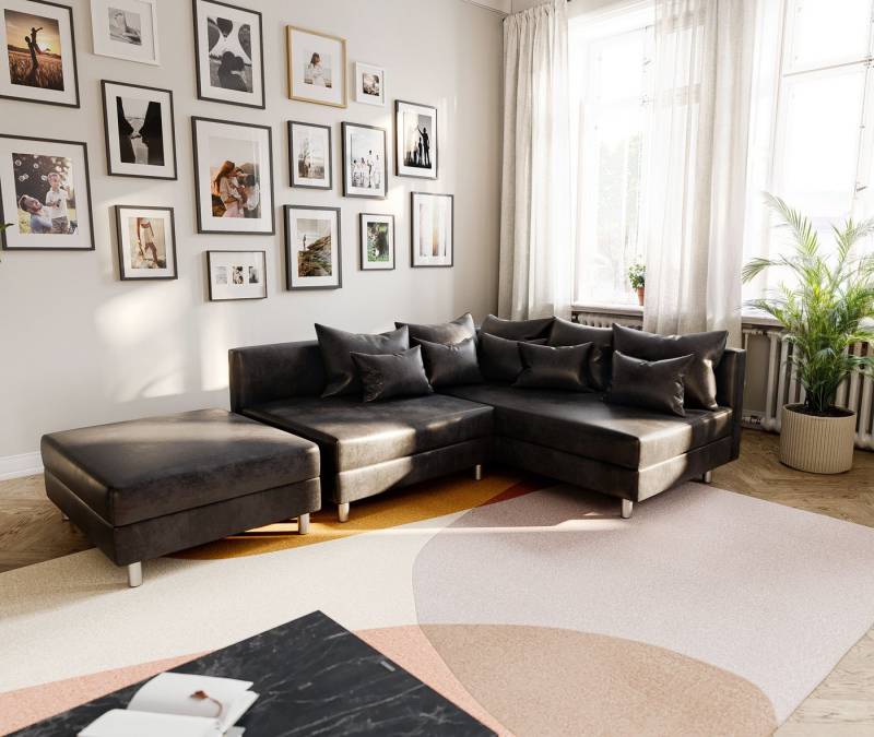 DELIFE Ecksofa Clovis, Anthrazit Antik Optik mit Hocker Ottomane Rechts Ecksofa Modular von DELIFE
