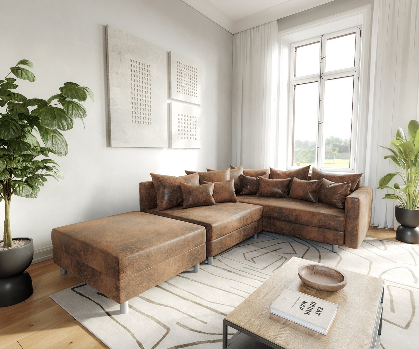 DELIFE Ecksofa Clovis, Braun Antik Optik Hocker Armlehne Ottomane Rechts Ecksofa Modul von DELIFE