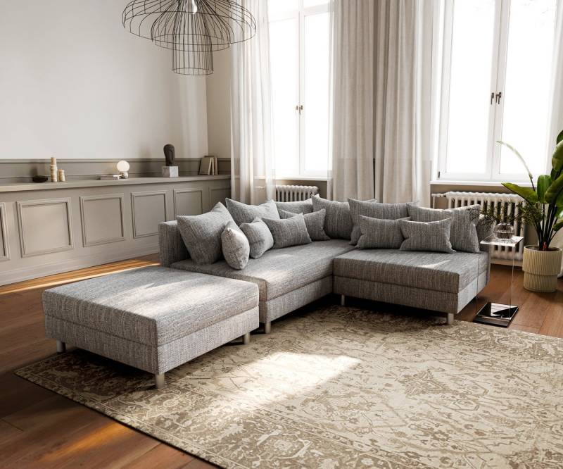 DELIFE Ecksofa Clovis, Hellgrau Strukturstoff mit Hocker Ottomane Links modular von DELIFE