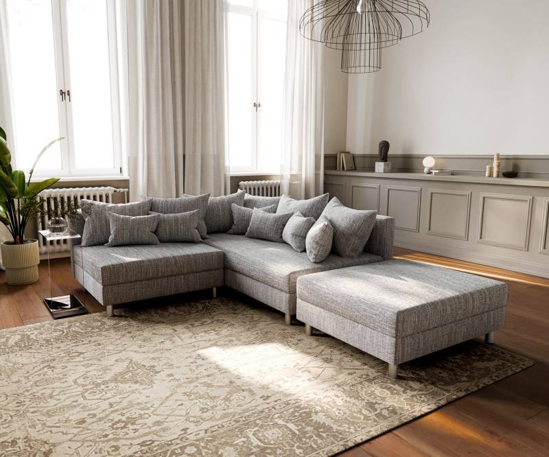 DELIFE Ecksofa Clovis, Hellgrau Strukturstoff mit Hocker Ottomane Rechts Ecksofa von DELIFE