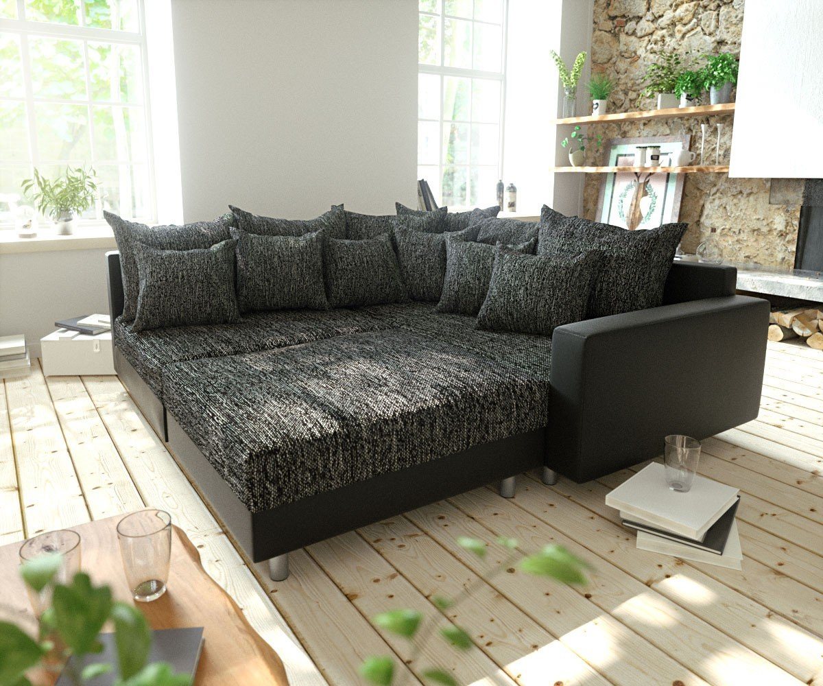 DELIFE Ecksofa Clovis, Schwarz mit Hocker und Armlehne Ottomane Rechts Ecksofa Modular von DELIFE