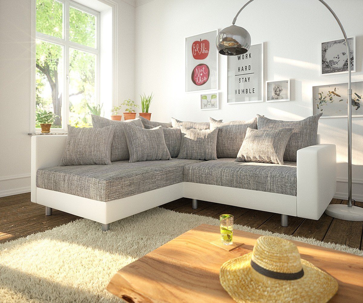 DELIFE Ecksofa Clovis, Weiss Hellgrau Armlehne Ottomane Links Ecksofa modular von DELIFE