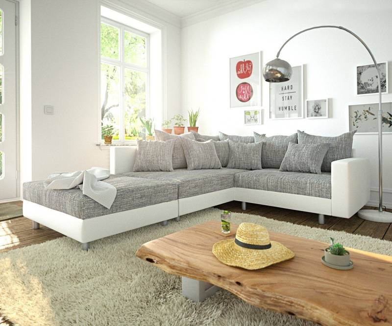 DELIFE Ecksofa Clovis, Weiss Hellgrau Hocker Armlehne Ottomane Links Ecksofa modular von DELIFE