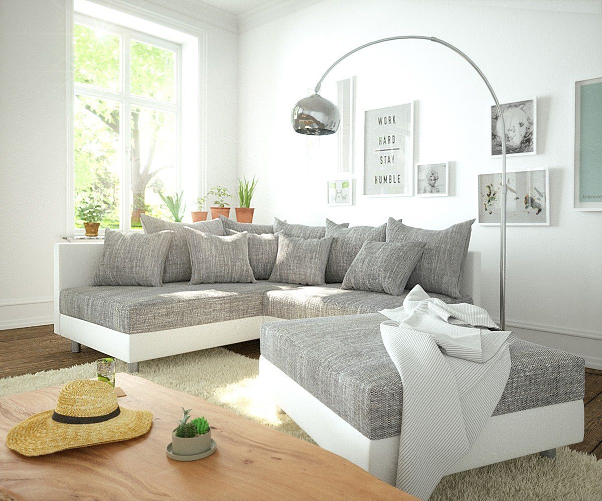 DELIFE Ecksofa Clovis, Weiss Hellgrau mit Hocker Ottomane Links Ecksofa modular von DELIFE