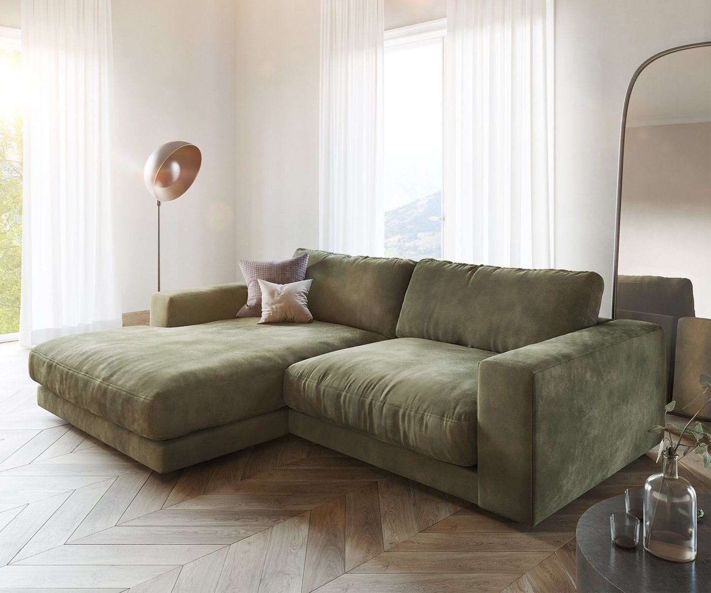 DELIFE Ecksofa Cubico, Samt Olive 250x190 cm Recamiere links Ecksofa von DELIFE