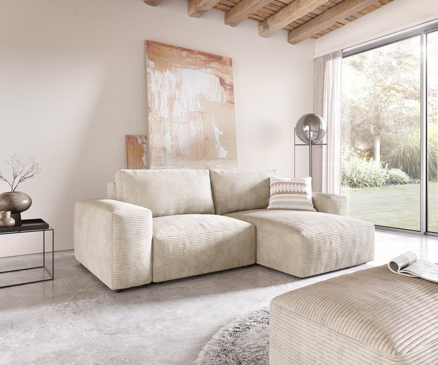 DELIFE Ecksofa Lanzo, L Cord Beige 260x160 cm Recamiere variabel mit Hocker von DELIFE