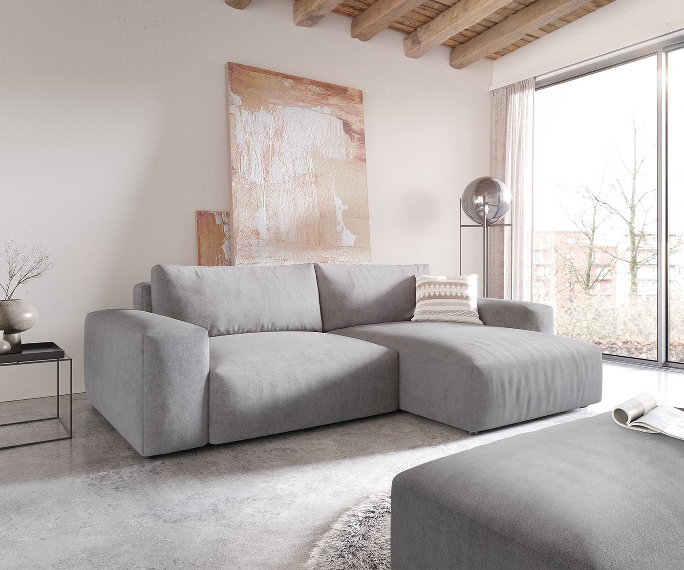 DELIFE Ecksofa Lanzo, XL Mikrofaser Grau 270x180 cm Recamiere variabel mit Hocker von DELIFE