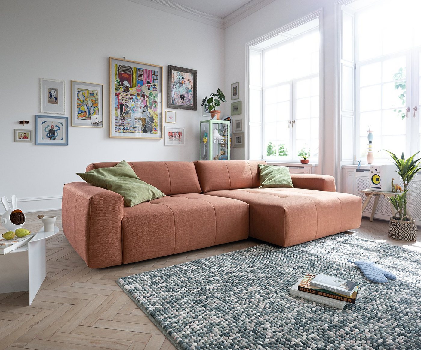 DELIFE Ecksofa Lazaro, Flachgewebe Orange 300x160 cm Ottomane re. mit Tiefenverstellung von DELIFE