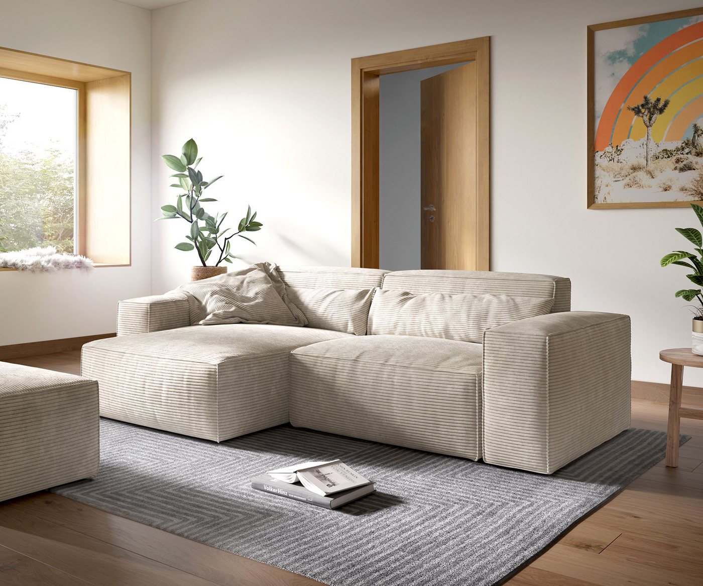 DELIFE Ecksofa Sirpio, XL Cord Beige 270x170 cm Recamiere variabel mit Hocker von DELIFE