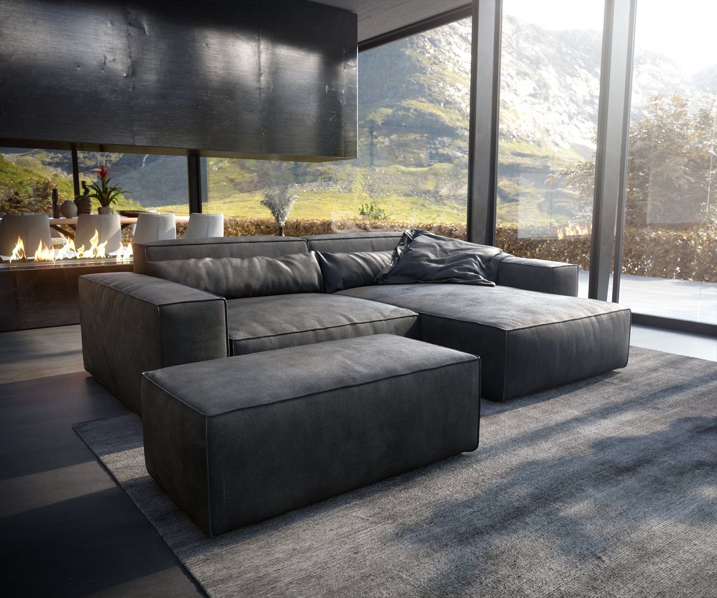 DELIFE Ecksofa Sirpio, XL Lederimitat Vintage Anthrazit 270x170 Recamiere variabel Hocker von DELIFE