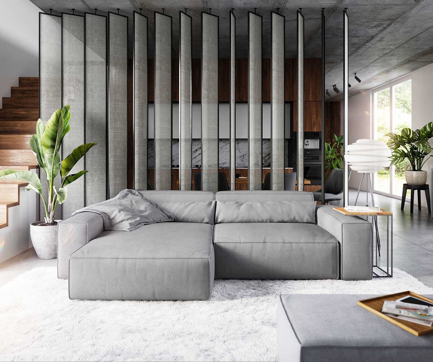 DELIFE Ecksofa Sirpio, XL Mikrofaser Grau 270x170 cm Recamiere variabel mit Hocker von DELIFE