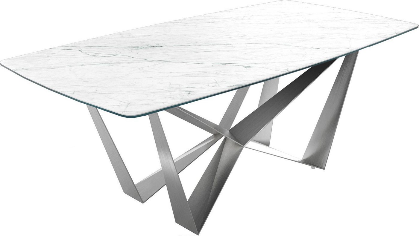 DELIFE Esstisch Edge, Bootsform 200x100cm Laminam® Keramik Weiß Spider Flachstahl Edelstahl von DELIFE