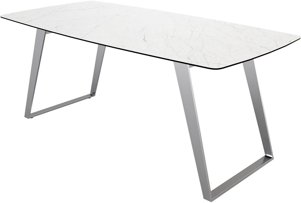 DELIFE Esstisch Edge, Bootsform Keramik Laminam® Statuarietto Weiß 200x100 Edelstahl Schräg von DELIFE