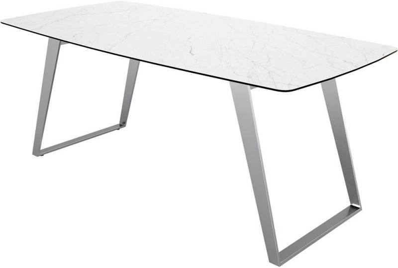 DELIFE Esstisch Edge, Bootsform Keramik Laminam® Statuarietto Weiß 200x100 Edelstahl Schräg von DELIFE