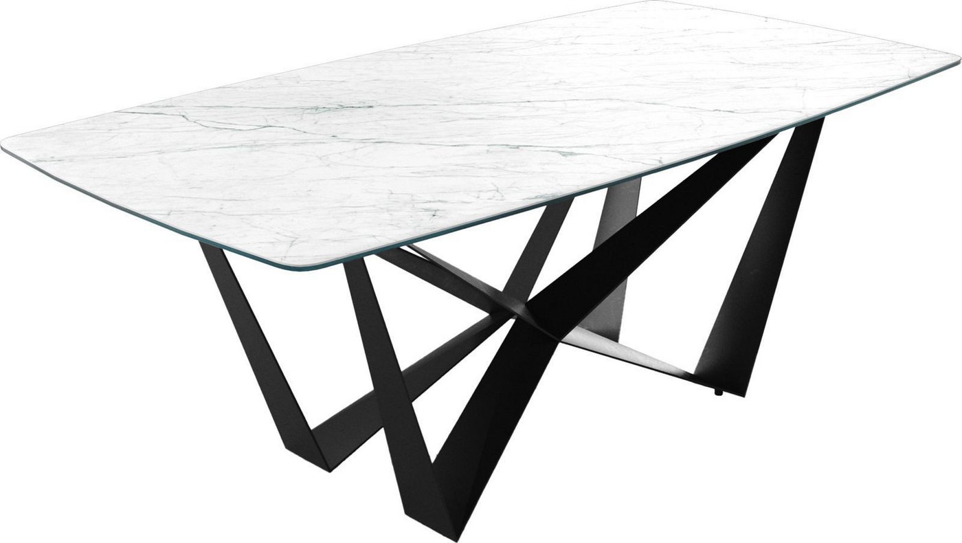 DELIFE Esstisch Edge, Bootsform Keramik Laminam®Statuarietto Weiß 200x100cm Mittelfuß Flachs von DELIFE