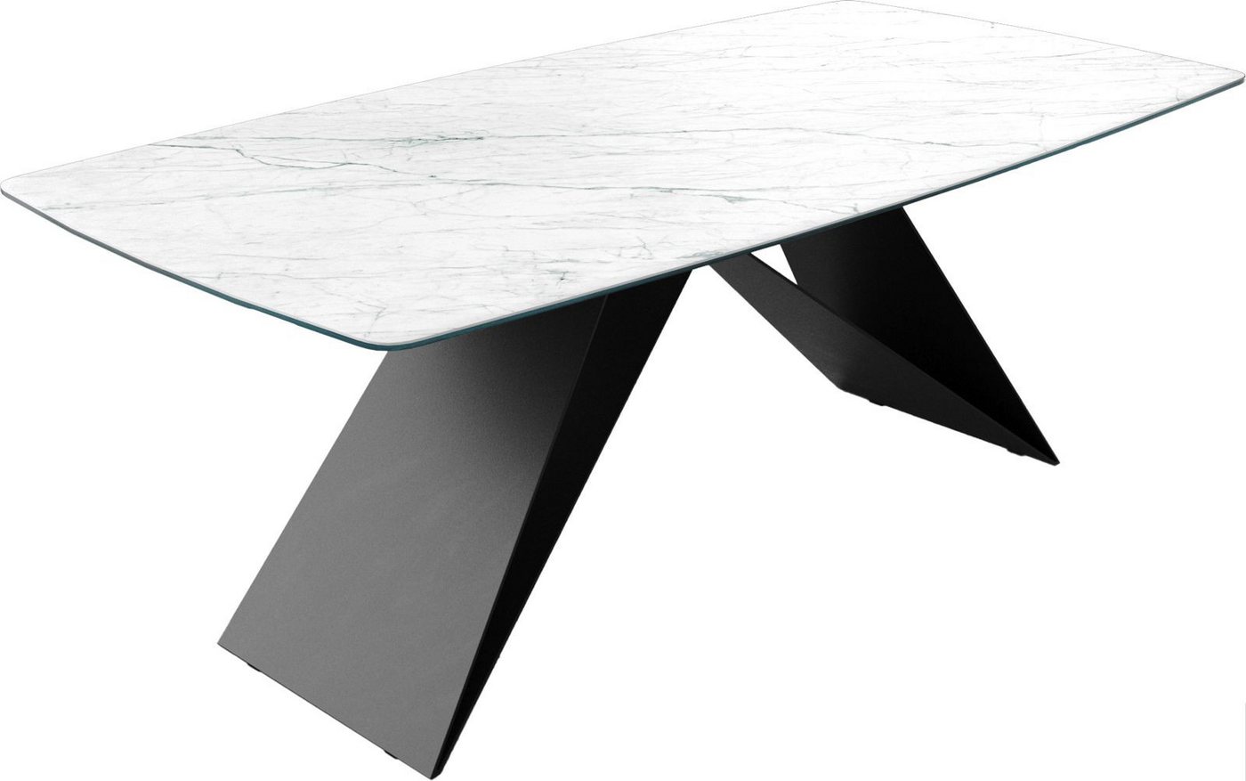 DELIFE Esstisch Edge, Bootsform Keramik Laminam®Statuarietto Weiß 200x100cm V-Mittelfuß Schw von DELIFE