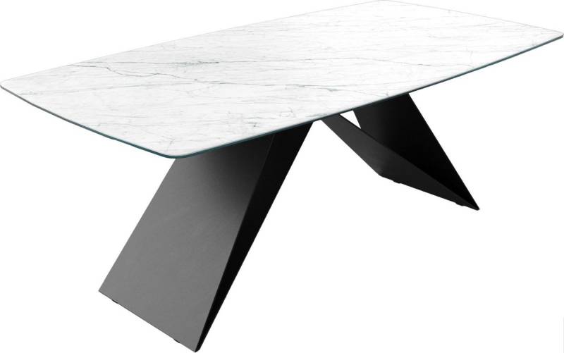 DELIFE Esstisch Edge, Bootsform Keramik Laminam®Statuarietto Weiß 200x100cm V-Mittelfuß Schw von DELIFE
