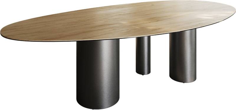 DELIFE Esstisch Edge, Oval Keramik Laminam® Sabbia Eichefarbig 280x130 Troa Edelstahl Graphi von DELIFE