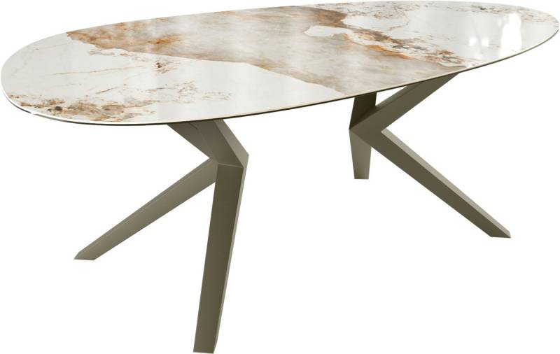 DELIFE Esstisch Edge, Oval Keramik Minas Melange Weiß-Beige 220x120 Zenthara kantig Metall E von DELIFE