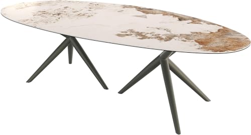 Esstisch Edge Oval Keramik Minas Melange Weiß-Beige 280x130 Estelar rund Metall Effektfinish Titan von DELIFE
