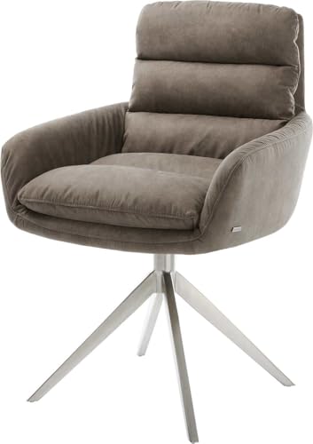 Esszimmerstuhl Abelia-Flex mit Armlehnen Kreuzgestell breit Edelstahl Mikrofaser Taupe Vintage 360° drehbar Wippfunktion von DELIFE