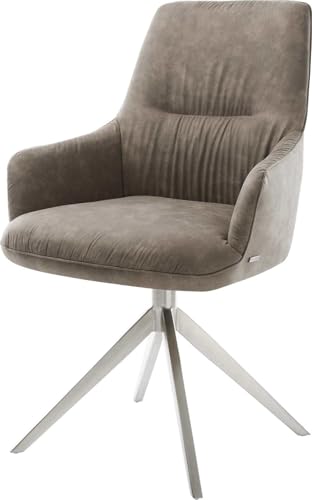 Esszimmerstuhl Zelia-Flex mit Armlehnen Kreuzgestell breit Edelstahl Mikrofaser Taupe Vintage 360° drehbar Wippfunktion Taschenfederkern von DELIFE
