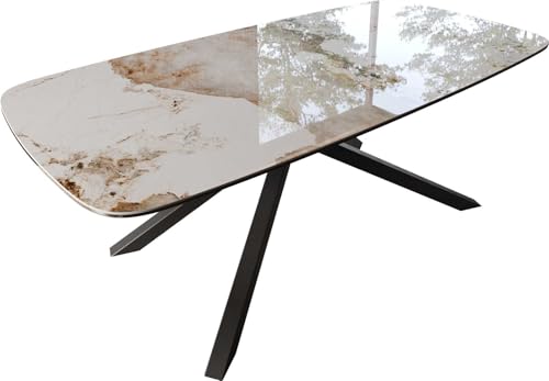 DELIFE Esszimmertisch Edge Boot Keramik Minas Melange Weiß-Beige 200x100 Kreuzgestell Rechteck Schwarz von DELIFE
