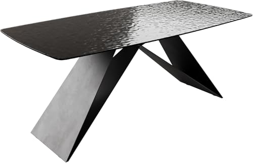 DELIFE Esszimmertisch Edge Boot Reliefglas Rauchschwarz 3D-Design 200x100 V-Gestell Flachstahl Schwarz von DELIFE