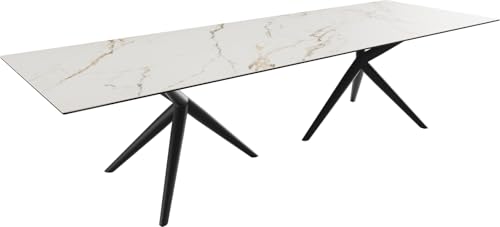 DELIFE Esszimmertisch Edge Keramik Calacatta Luxe Weiß-Gold-Grau 300x100 Estelar rund Metall Schwarz von DELIFE