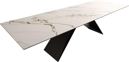 DELIFE Esszimmertisch Edge Keramik Calacatta Luxe Weiß-Gold-Grau 300x100 V-Gestell Flachstahl Schwarz von DELIFE