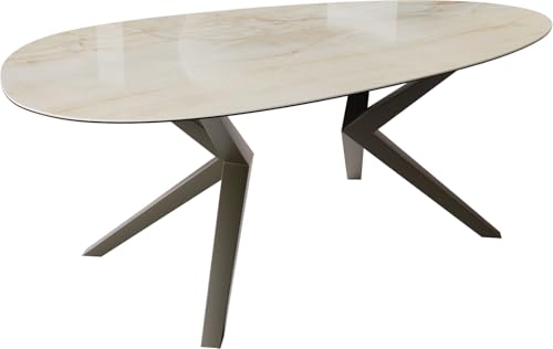 DELIFE Esszimmertisch Edge Oval Keramik Iris FMG Onice ORO 220x120 Zenthara kantig Metall Effektfinish Titan von DELIFE