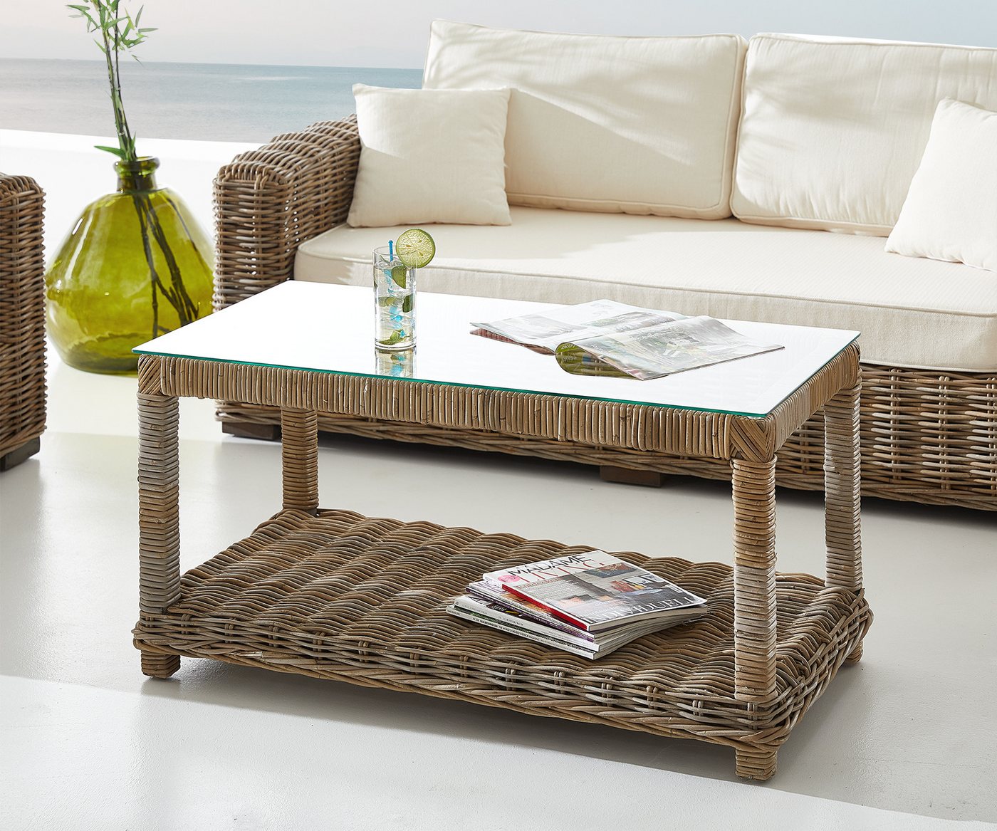 DELIFE Gartensessel Nizza, Rattan grau 100x50 cm Glasplatte Loungetisch von DELIFE