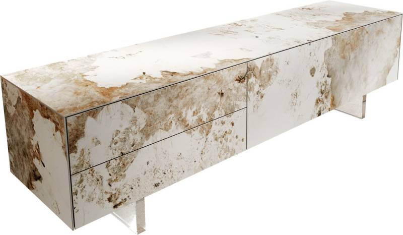 DELIFE Lowboard Cuor, Keramik Minas Melange Weiß-Beige 180 cm 1 Klappe 2 Schubfächer Fuß Sch von DELIFE