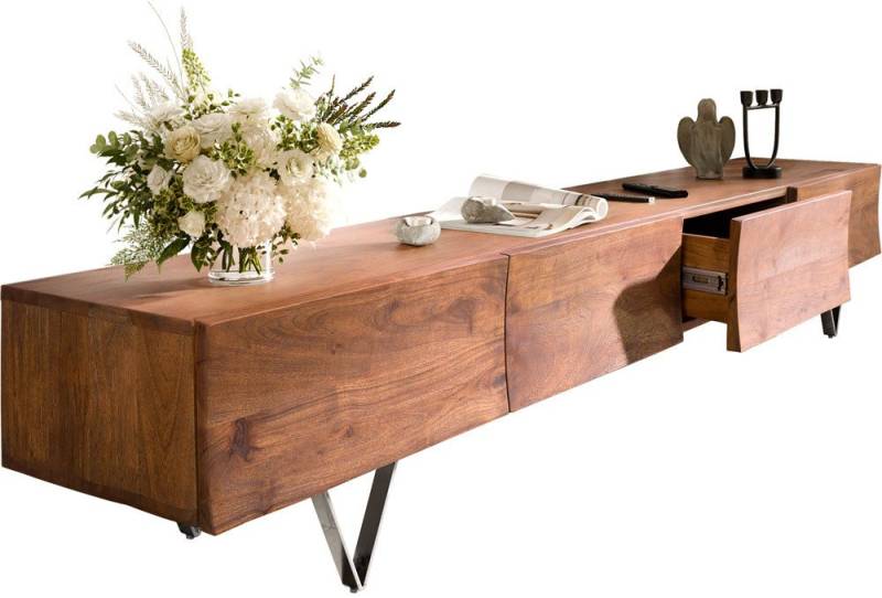 DELIFE Lowboard Wyatt, Akazie Braun 220 cm 4 Schübe V-Fuß Edelstahl von DELIFE