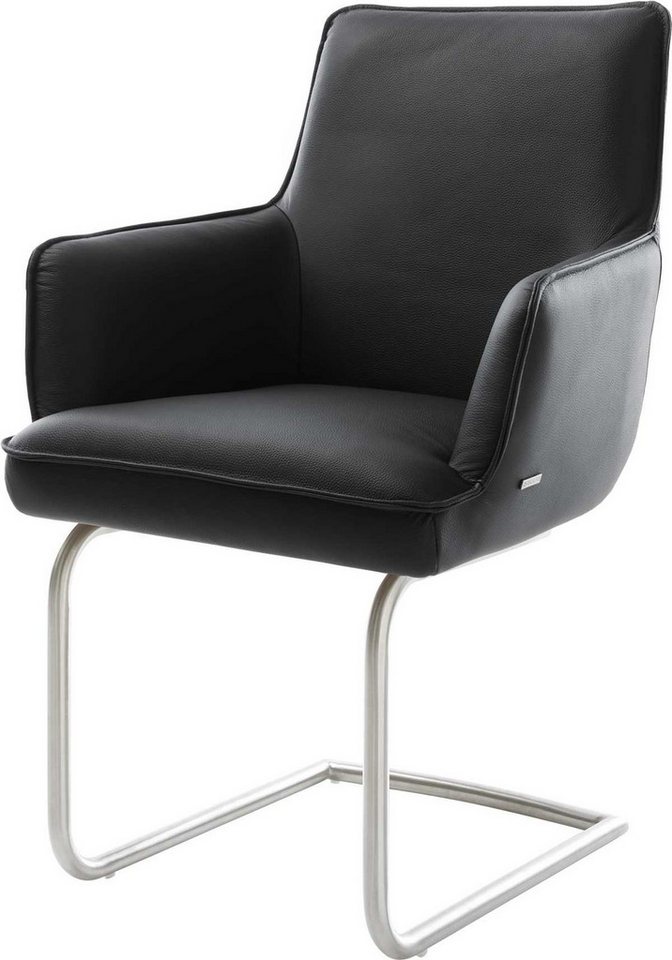 DELIFE Polsterstuhl Heira-Flex, mit Armlehnen Freischwinger rund Edelstahl Echt-Leder Schwarz Taschenf von DELIFE