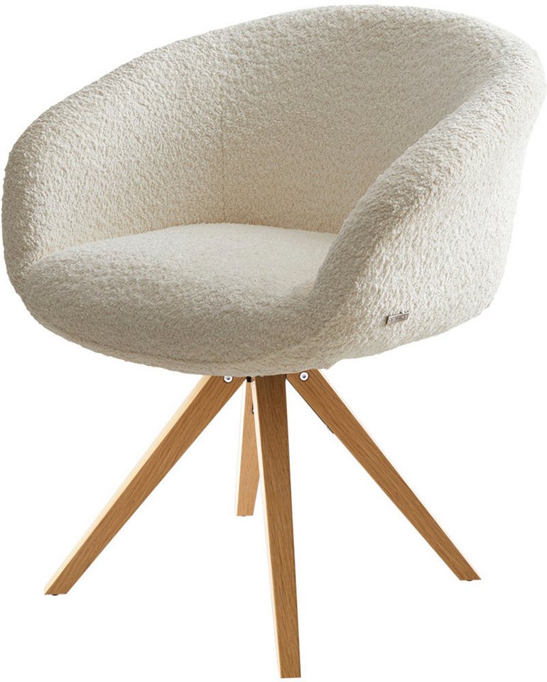 DELIFE Polsterstuhl Vinka-Flex, mit Armlehnen Bouclé Weiß Holzgestell kantig Natur 180° drehbar Tasche von DELIFE