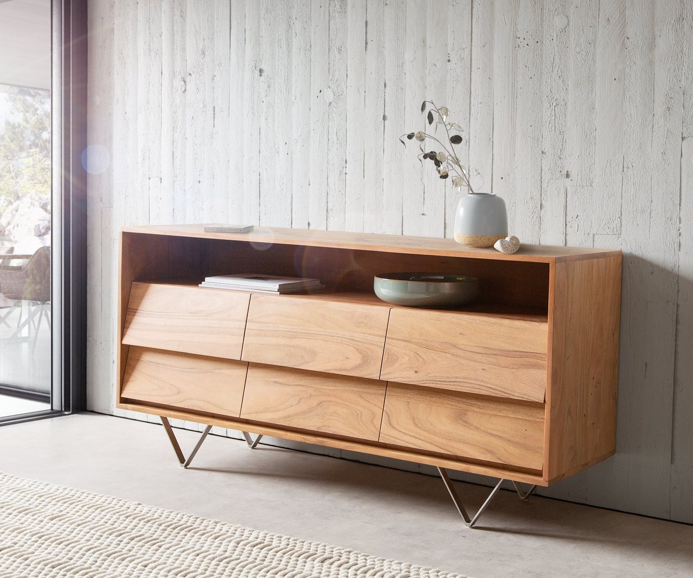 DELIFE Sideboard Eloi, Akazie Natur 145x40 cm 6 Schubladen V-Fuß Edelstahl von DELIFE